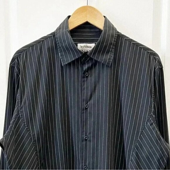 Le Chateau Mens Button Down Dress Shirt Long Sleeves Black White Pinstripes XL - Picture 5 of 14